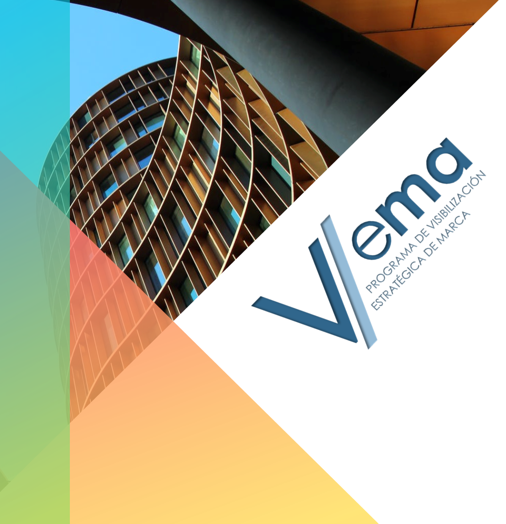 Creatividad realizada con varias figuras geométricas, en cuya imagen principal aparece un edificio, resaltando la imagen corporativa del Programa de Visibilización Estratégica de Marca (VEMA).