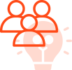 Icono gráfico en el que se representa una bombilla encendida y superpuesto sobre este, un nuevo icono que representa un grupo de tres personas.